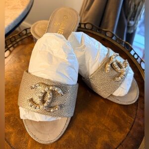CHANEL Gold Pearl-Embellished CC Slide Sandals